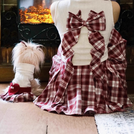 Redford Sweetheart Plaid Bow Turtleneck Vest Pet-Owner Twinning Set